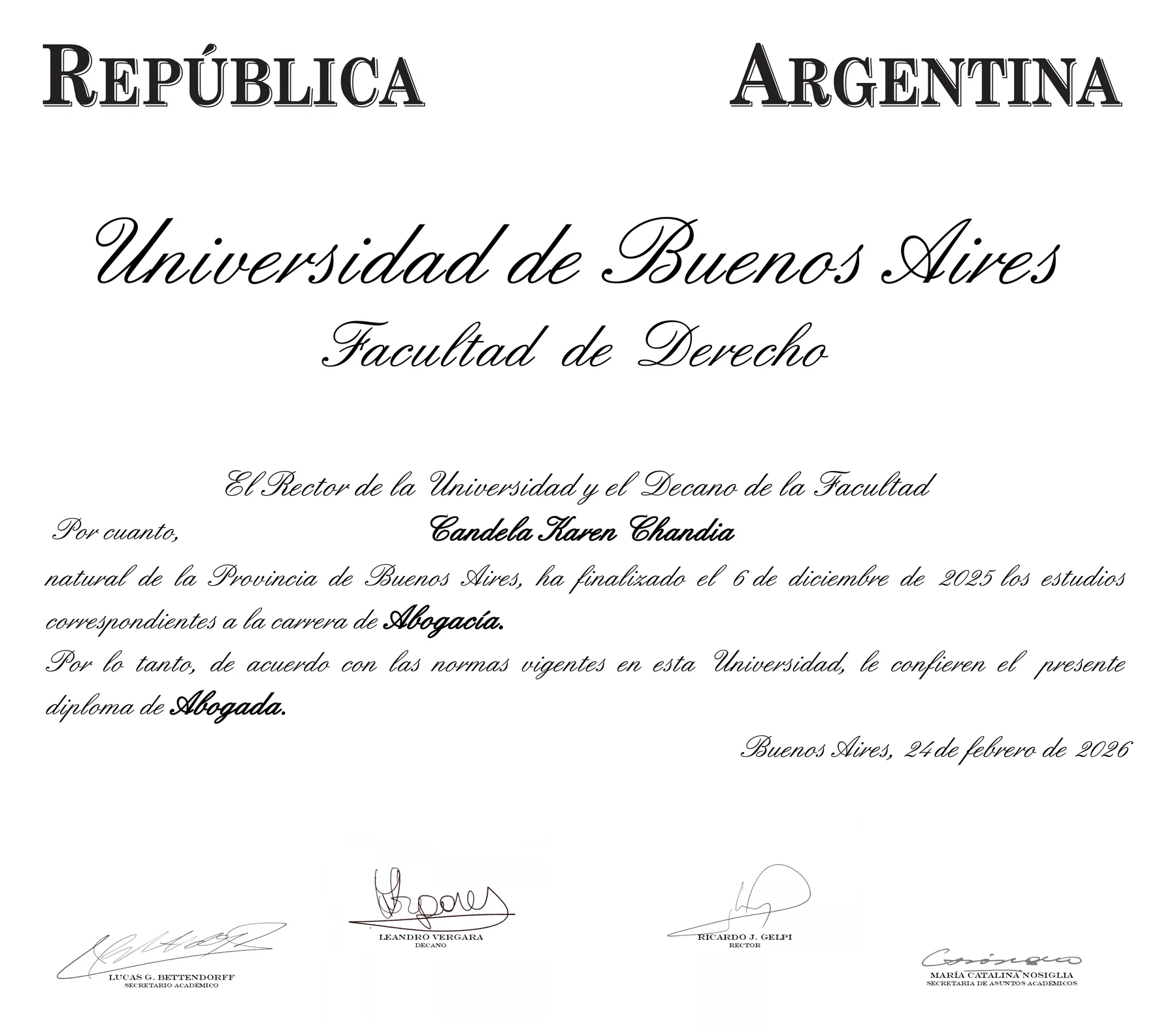 Diploma de Abogada de la Universidad de Buenos Aires a nombre de Candela Karen Chandía